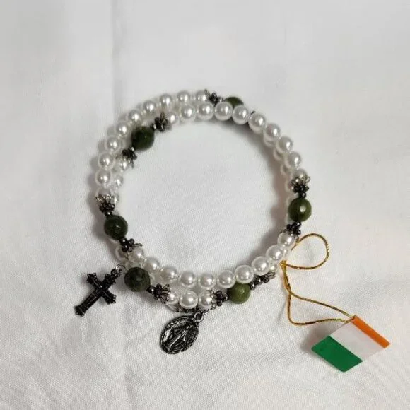 Connemara Marble Faux Pearl Coil Rosary Bracelet - Picture 4 of 5